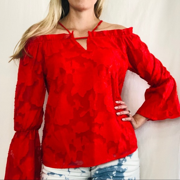 Francesca's Collections Tops - Francesca’s Red Bell Sleeve Off the Shoulder Top